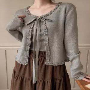 [엘루이즈][엘루이즈] [울세트] 코지하 보들 프릴 리본 보들 나시 가디건 세트(4color)