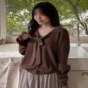 [엘루이즈][엘루이즈] [타이프릴 소매] 페슈하 브이넥 데일리 도트 리본 타이 가디건(4color)