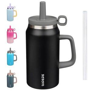 손잡이가 달린 BJPKPK 50온스 단열 텀블러 뚜껑이 있는 여행용 커피 머그잔 재사용 가능한 빨대가 대형 물병, 블랙