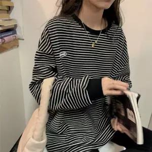 여성 긴팔 루즈핏 스트라이프 라운드 엉덩이덮는 롱티