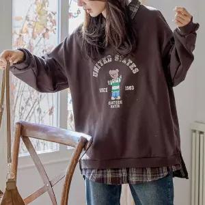 기모 프린팅 체크 카라 레이어드 맨투맨 루즈핏 여성 빅사이즈