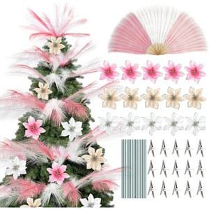 5/10개 인조 팜파스 그래스 꽃 줄기 클립 포함 크리스마스 트리 화환 홈 파티 DIY 장식품 장식