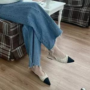 트위드 슬링백 힐 투톤 뾰족코 여성 신발 플랫 슈즈 (WFJ5TOQ)