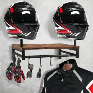 세일스타트 모터사이클 헬멧 홀더 벽걸이, 4개의 글러브 클립이 있는 기어 보관 랙, 목재 및 금속 헬멧 스탠드