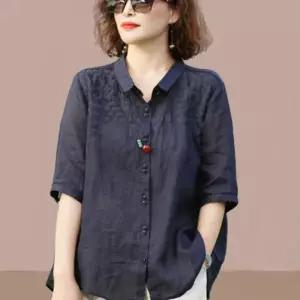 여름 여성린넨 빅사이즈 반팔 중년 남방 루즈핏 셔츠