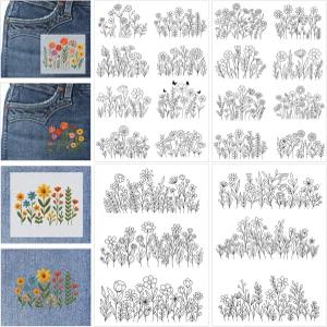 수용성 안정제 자수 패턴 - 플라워 스틱 스티치 종이 세척 진 백 티셔츠용 야생 꽃 손 바느질 (4매)