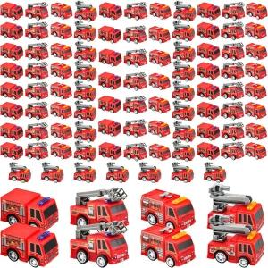 코나겔 100개 미니 풀백 소방차 장난감 소형 대량 플라스틱 화재 및 긴급 트럭 세트 소방관 파티용 4가지