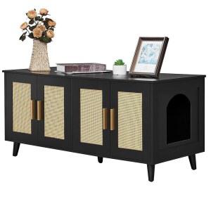 고양이 2마리를 위한 홈헤디 보호 쓰레기통 인클로저, 더블 라탄 장식 도어가 있는 나무 화장실 가구, 펫 하우스, 47.2 u201DL x 19.7 u201DW 21.7 u201DH, 블랙 및 내추럴