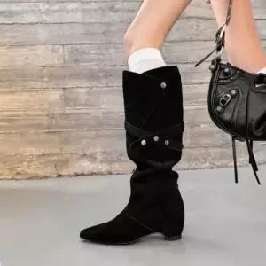 엘럽 여성용 웨지힐 스틸레토 웨지 데님 부츠 가을 겨울 언발란스 롤업 미들 패션 박템4