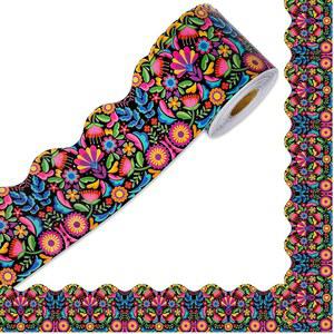 FYSUIMU 65.6피트 멕시코 피에스타 꽃 게시판 테두리 스페인 컬러풀 플라워 가리비 다이 컷 트림 히스패닉 유산 월 블랙 보더 스티커 롤 홈 클래스룸 파티 벽 장식용