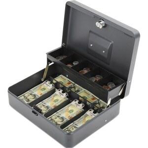 [미국배송] 열쇠 잠금 장치가 있는 폴스패그 현금 상자 돈 트레이가 현금용 금속 손잡이가 4개의 지폐/5개의 동전 슬롯이 휴대용 자물쇠 금고 11.8 X 9.5 3.5 인치 상단 키 그레이
