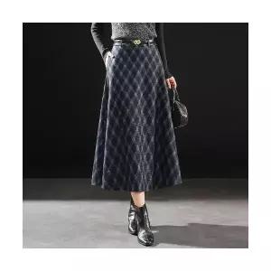여자 쉬폰 스커트 시폰 체크 추동 중기장 플리츠 하이웨스트 A라인 슬림핏 롱 BE4