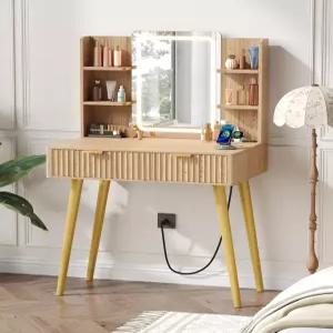 Zeibospri 29.5인치 소형 메이크업 배니티 조절가능 라이트 미러 2개의 서랍과 4개의 개방형 수납 선반