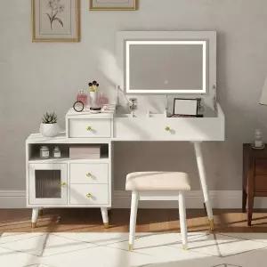 플립탑 미러와 LED 조명 THINK 30 흰색 화이트 골드 3 인 원 메이크업 베니티 데스크 덮개가 있는 의자가