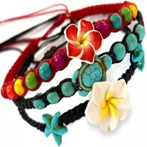 LAVIP 가죽 발찌 또는 팔찌 불가사리 청록색 하와이안 플루메리아 꽃 대마
