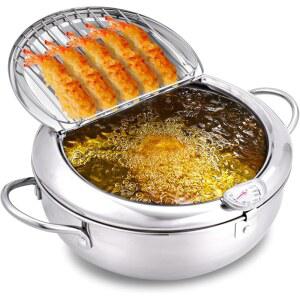 쿠오맙 딥 프라이어 냄비, 304 스테인리스 스틸 일본식 프라이팬, 오일 배수, 온도 조절 및 뚜껑, 주방 스토브/인덕션 쿠커용 튀김 냄비/프렌치 치킨 9.4