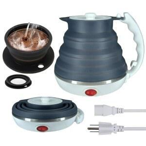 DOFQQG 트래블 전기 주전자 소형, 접이식 전기 주전자, 휴대용 차 주전자 + 종이 없는 접이식 커피 드립퍼 위에 붓기, 커피 메이커 캠핑 싱글 컵 위에 여행 붓기 (블랙)