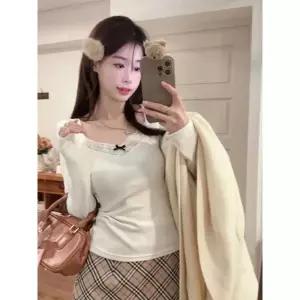 여자 데일리 티 롱루즈핏 레이스 배색 밍크 기모 긴팔 셔츠 추동 그레이 슬림핏 이너 도톰 상의 M스포4