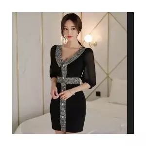 헐크 여성 여친 원피스 쉬폰 추동 브이넥 중소매 슬림핏 힙업 블랙 스커트 KKE4