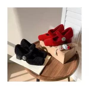 여성용 하이힐 신발 통굽 퍼 메리제인 슈즈 기모 레드 일자 힐 웨딩 KS5