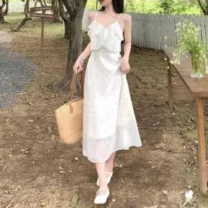 플라워 패턴 플레어 라인 캉캉 디자인 끈나시 원피스 WE6B94F