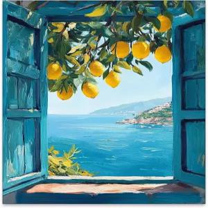 지중해 창문 전망 벽 예술 해안 레몬 나무 캔버스 프린트 블루 씨스케이프 포스터 침실 거실 사무실 장식