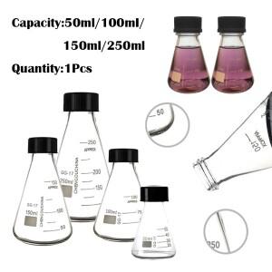 50-250ml 유리 에렌마이어 플라스크 검정색 나사 캡 포함 실험실 보로실리케이트 원뿔형