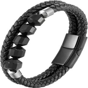 CARICY 남성 가죽 팔찌 땋은 타이거 /이끼 아가미/블랙 오닉스 프로텍션 힐링 스톤 비즈 스테인리스 스틸