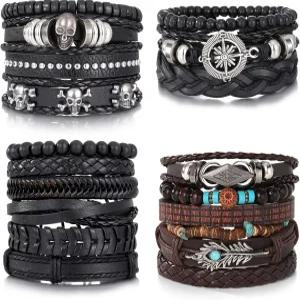 키스 와이프 남성 가죽 팔찌 4팩 펑크 세트 PU 땋은 랩 손목밴드 스켈레톤 록 이모 주얼리 악세사리