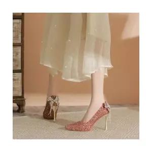 SMK 여자 하이힐 리본 크리스탈 힐 여주인공 슈즈 웨딩 스팽글 스틸레토 큐빅 프렌치 단화 JEN5