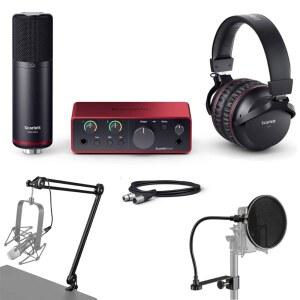 포커스라이트 스칼렛 솔로 스튜디오 4세대 USB 오디오 인터페이스(소프트웨어 스위트, 번들, 내부 스프링 및 팝 필터 포함 방송 암, CM25 콘덴서 마이크, SH-450 헤드폰 포함)