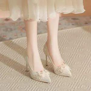 포뇨2 여자 하이힐 프렌치 신부 웨딩 스틸레토 지치지 않는 가보시 힐 큐빅 플라워 펌프스 OPH5