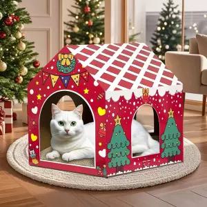 실내 고양이를 위한 하우스 크리스마스 카드보드 놀이터 스크래치 패드 홀리데이 아지트 장식이 있는