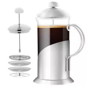 내열 붕규산 유리 스테인리스 스틸 디자인 및 4단계 필터 시스템을 갖춘 OVENTE 프렌치 프레스 커피 메이커