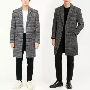 디바옴므 겨울 하운드 잔체크 싱글하프 모직코트 더블 롱 정장