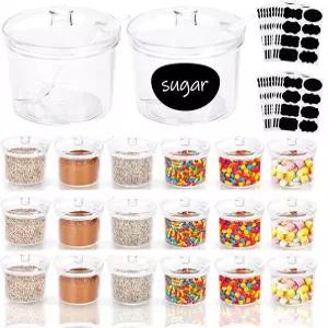 뚜껑이 있는 아크릴 설탕 그릇 소금 용기 20개와 숟가락 200ml 투명 홀더 디스펜서 주방 레스토랑 캔디