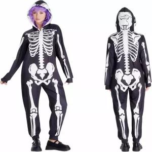 요아다 할로윈 스켈레톤 의상 여성 원피스 앞뒤 뼈 프린트와 집업 마스크 파자마