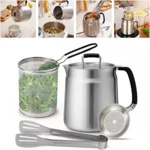 68온스 3-in-1 스테인리스 스틸 오일 필터 포트 미세 메쉬 스트레이너 통 내열 손잡이 주방 및 캠핑용 2L