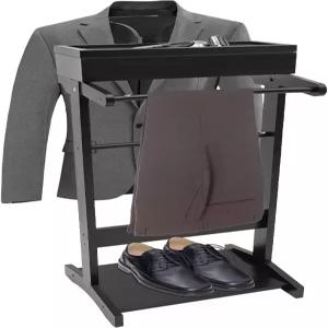 옷걸이가 있는 AYYOTOY 나무 수트 발렛 스탠드 하단 신발장 및 수납 정리함 독립형 남성 침실 현관 사무실