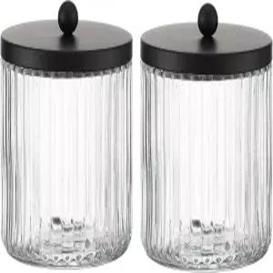 케이엠웨어 2팩 유리 큐팁 홀더 디스펜서 세트 - 매트 블랙 메탈 뚜껑이 있는 코튼 볼 면봉 치실 픽