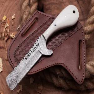 SUSA 나이프 맞춤 수제 다마스쿠스 스틸 불 커터 팬케이크 가죽 칼집이 있는 카우보이