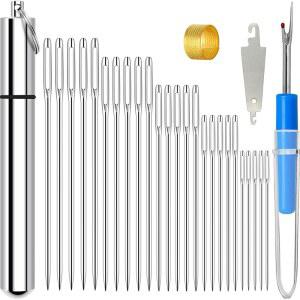 KYUEWRT 25 대형 눈 자수 바늘, 스티치, 바느질 및 수작업 프로젝트를 위한 정교한 알루미늄 저장 욕조가 있는 5가지 크기의 손 바늘