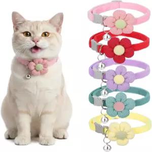 티아하 5팩 귀여운 코튼 고양이 목걸이 벨이 달린 안전 버클 플라워 8.7인치에서 13.7인치까지 조절 가능한