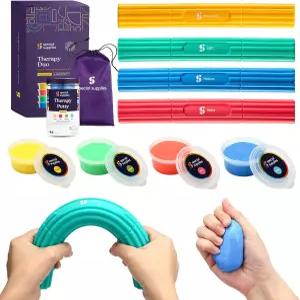 특수 용품 물리적 핸드 테라피 퍼티 및 플렉스 바 저항성 운동 키트 - 그립감 근력 손재주 이동성 향상