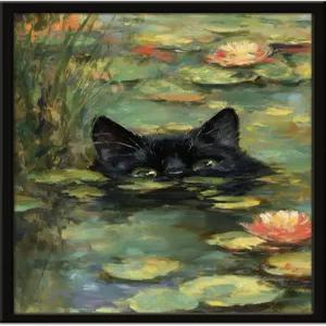 모네 워터 백합 포스터에 빈티지 고양이 벽 아트 프린트 레트로 캔버스 장식 그림 침실 기숙사 욕실 미학적