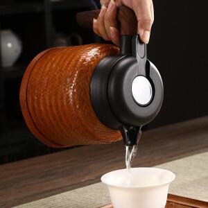 손잡이가  1L/1.6L 보온병 냄비 대나무로 짠  스테인레스 스틸 내부 라이너 물과 차 분리 가정호환  복고풍