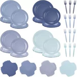폴드티어 96개 더스티 블루 그라디언트 식기 세트 24명의 손님을 위한 9개와 7개의 종이 파티 접시 일회용