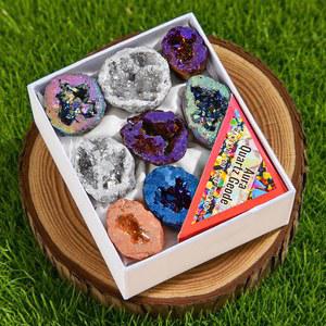 호환 8개/박스 티타늄 코팅 크리스탈 클러스터 전기 도금 아게이트 지오드 에너지 밸런스 레이키 위카 홈 데코