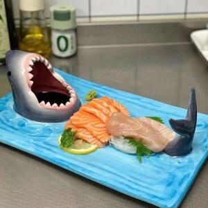해변 상어 접시 만두 초밥 장식 간장 테이블 위한 파란 데코 특이한 상어회접시 일본식