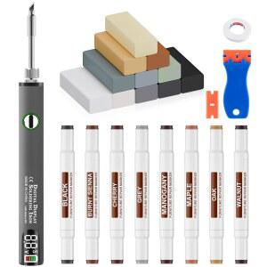 열 펜이 있는 라미네이트 비닐 목재 바닥 스크래치 수리 키트 - 11가지 색상 회색 하드우드 스틱 및 8가지 듀얼 팁 가구 마커 터치업, 리놀륨 복원 용융 도구 세트